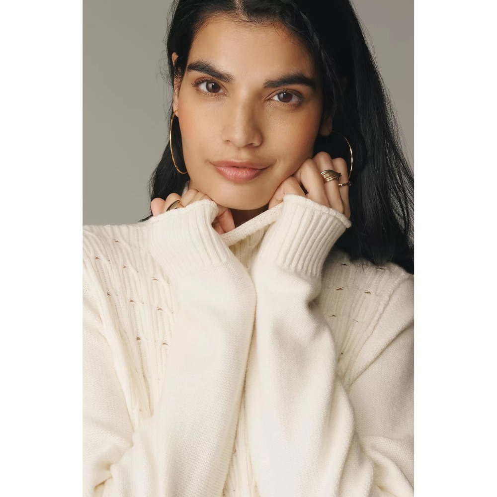NWT Pilcro Anthropologie Cable Knit Long Swing Sweater Mock Neck Ivory L $138 - Picture 3 of 11